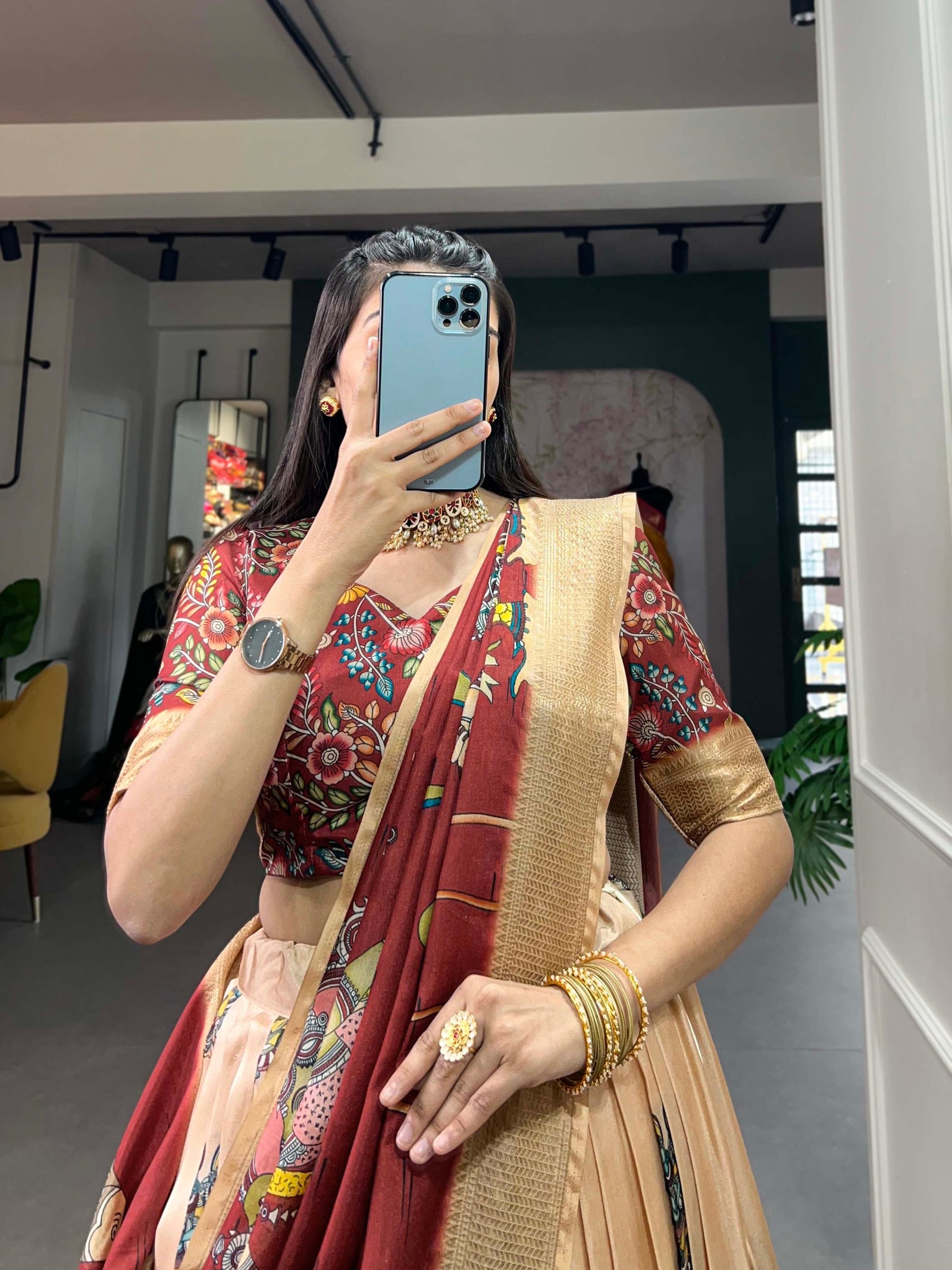 Enchanting Cream Dola Silk Lehenga Choli with Kalamkari Print ClothsVilla