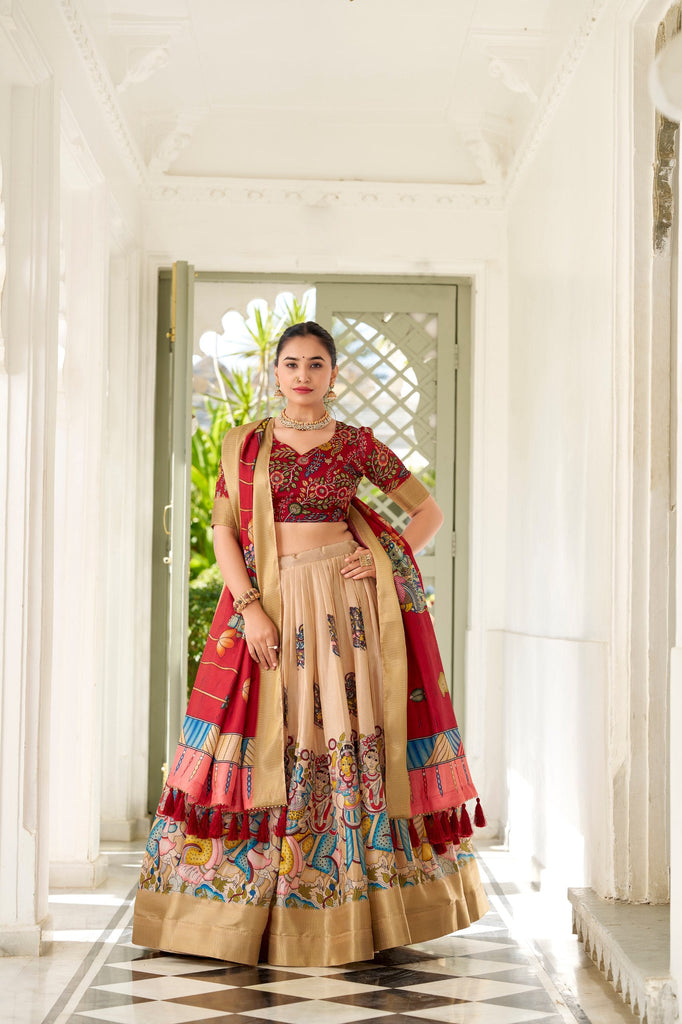 Enchanting Cream Dola Silk Lehenga Choli with Kalamkari Print ClothsVilla