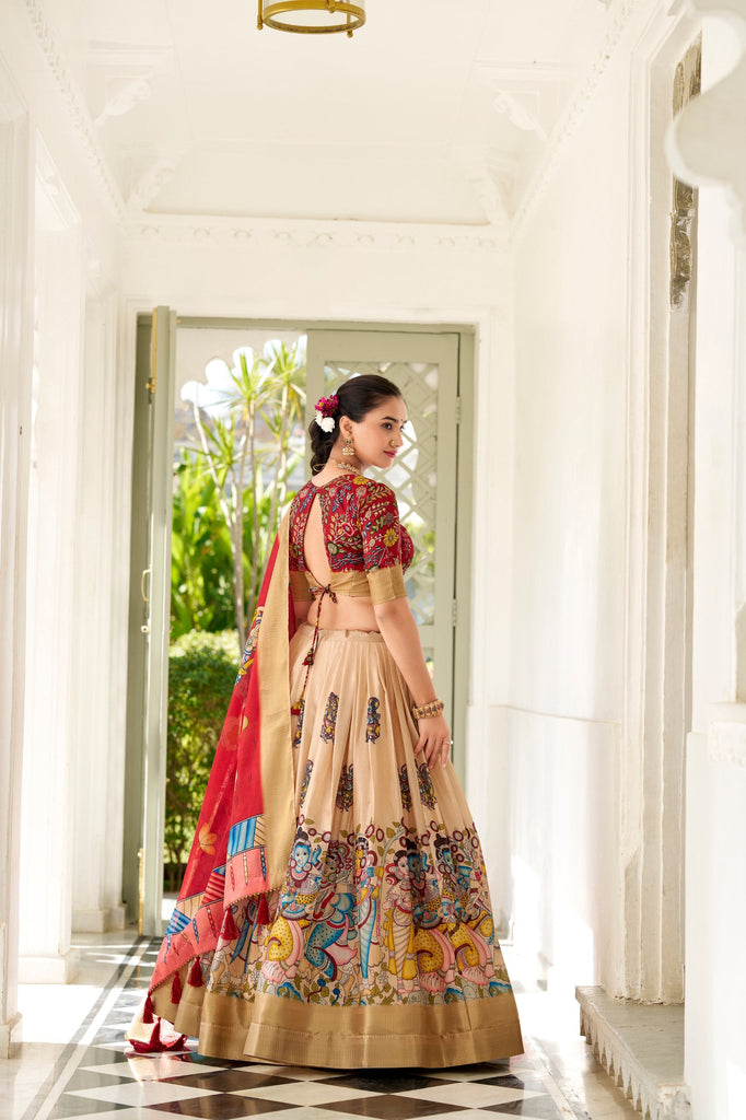 Enchanting Cream Dola Silk Lehenga Choli with Kalamkari Print ClothsVilla