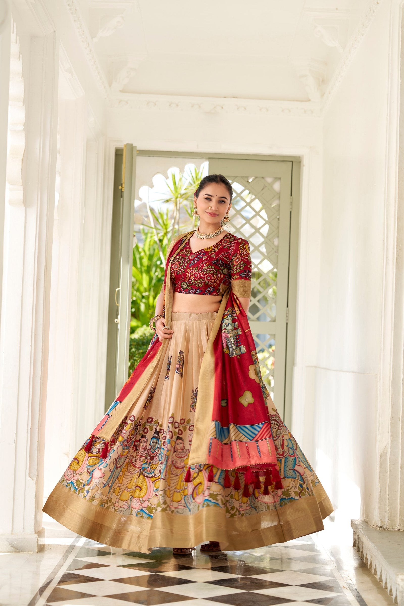 Enchanting Cream Dola Silk Lehenga Choli with Kalamkari Print ClothsVilla