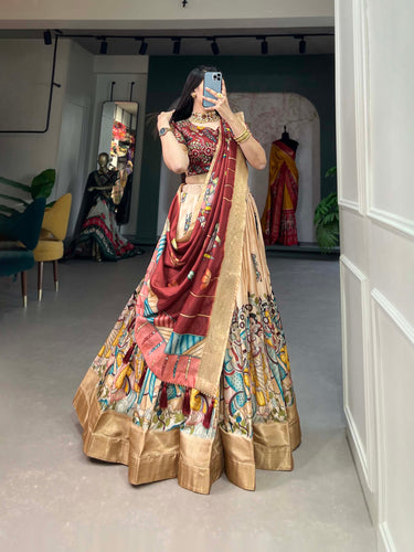 Enchanting Cream Dola Silk Lehenga Choli with Kalamkari Print ClothsVilla