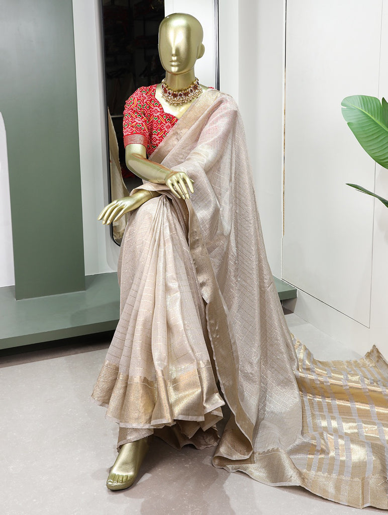 Enchanting Cream Khadi Organza Saree with Two Exquisite Blouse Options ClothsVilla