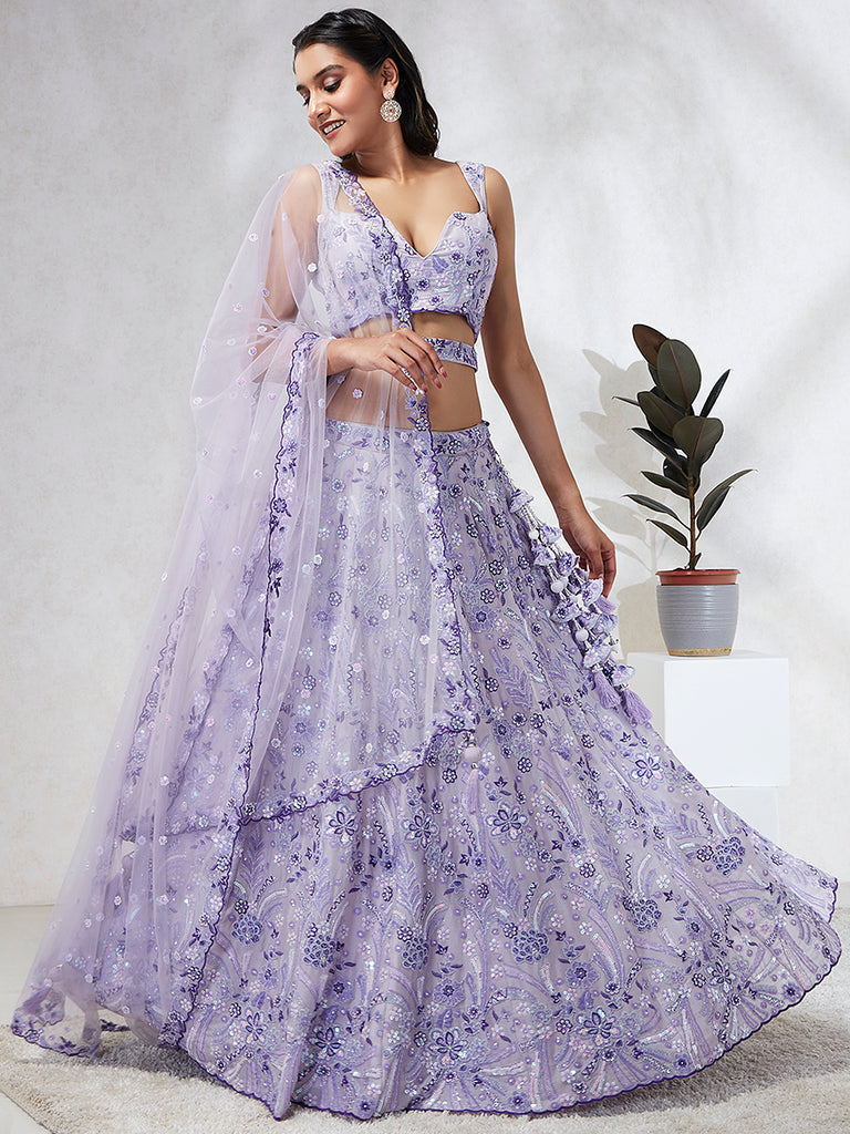 Enchanting Lavender Sequined Lehenga Choli Set with Exquisite Embroidery ClothsVilla