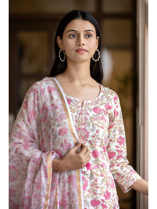 Enchanting Light Pink Hand block Printed Cotton Suit Set with Mirror & Tikki Work ClothsVilla
