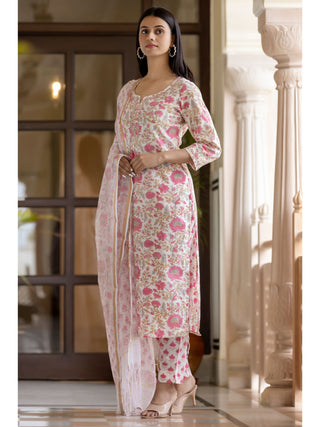 Enchanting Light Pink Hand block Printed Cotton Suit Set with Mirror & Tikki Work ClothsVilla