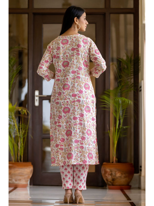 Enchanting Light Pink Hand block Printed Cotton Suit Set with Mirror & Tikki Work ClothsVilla