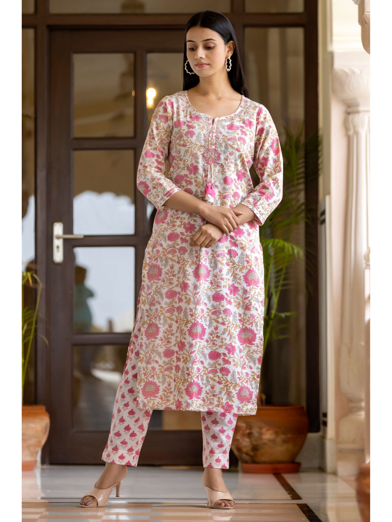 Enchanting Light Pink Hand block Printed Cotton Suit Set with Mirror & Tikki Work ClothsVilla