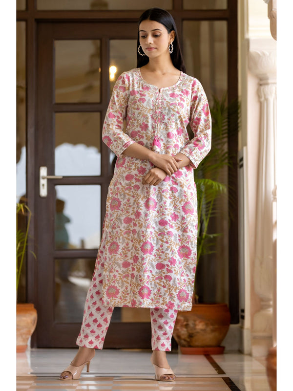 Enchanting Light Pink Hand block Printed Cotton Suit Set with Mirror & Tikki Work ClothsVilla