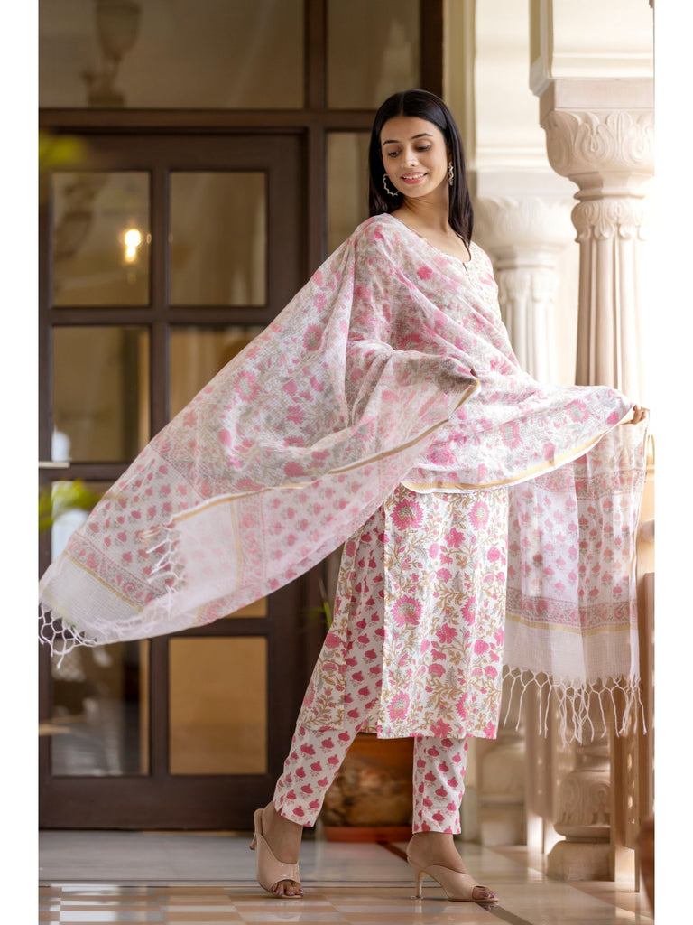 Enchanting Light Pink Hand block Printed Cotton Suit Set with Mirror & Tikki Work ClothsVilla