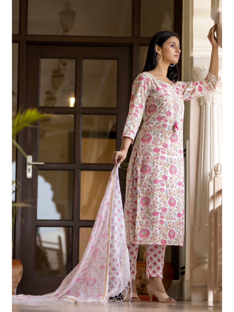 Enchanting Light Pink Hand block Printed Cotton Suit Set with Mirror & Tikki Work ClothsVilla