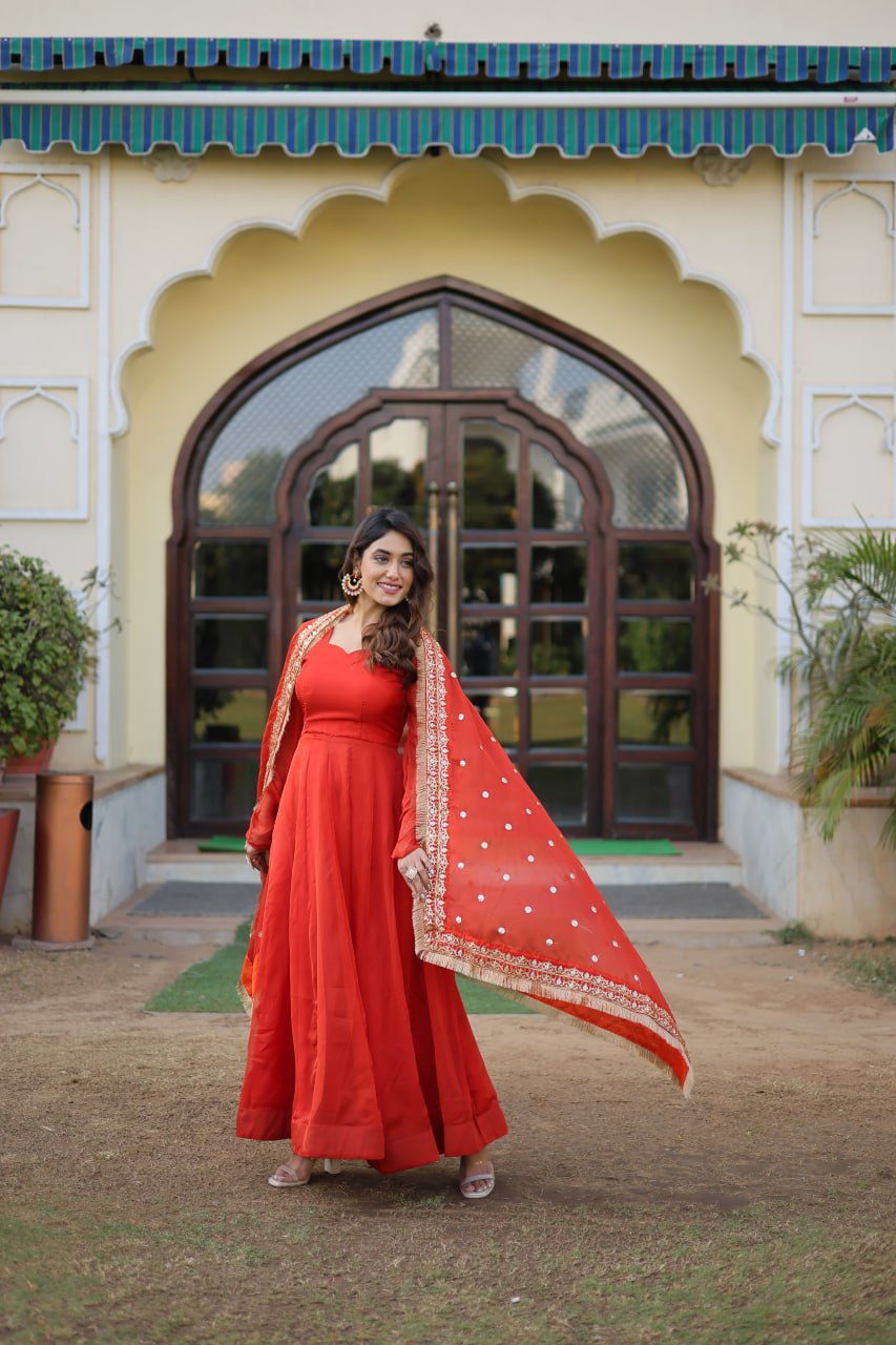 Enchanting Orange Russian Silk Gown-Dupatta Set with Exquisite Sequined Embroidery and Lace Border ClothsVilla