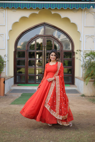 Enchanting Orange Russian Silk Gown-Dupatta Set with Exquisite Sequined Embroidery and Lace Border ClothsVilla