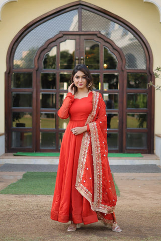 Enchanting Orange Russian Silk Gown-Dupatta Set with Exquisite Sequined Embroidery and Lace Border ClothsVilla