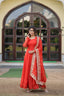Enchanting Orange Russian Silk Gown-Dupatta Set with Exquisite Sequined Embroidery and Lace Border ClothsVilla