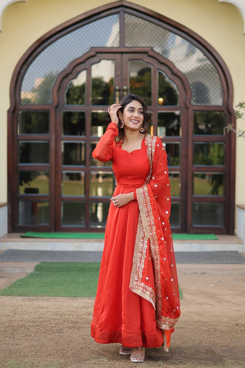 Enchanting Orange Russian Silk Gown-Dupatta Set with Exquisite Sequined Embroidery and Lace Border ClothsVilla