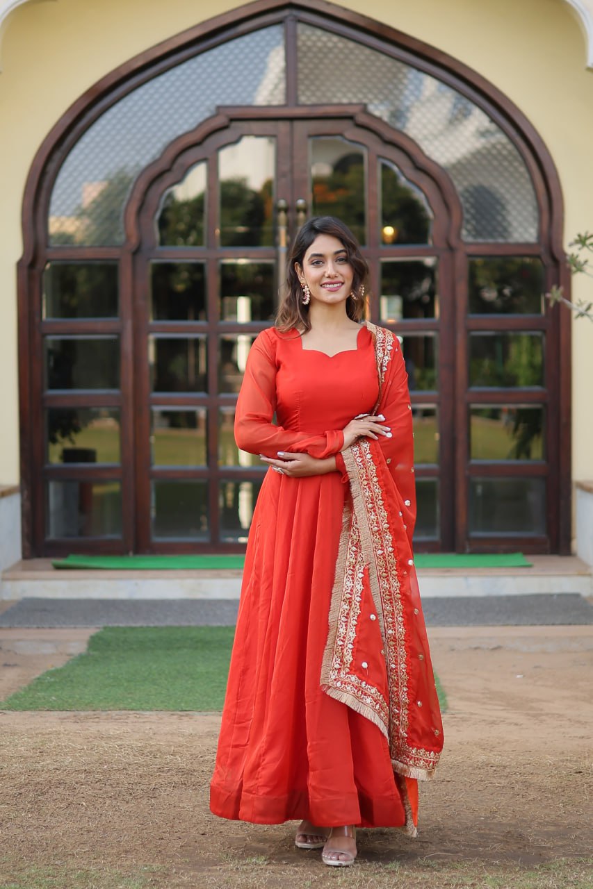 Enchanting Orange Russian Silk Gown-Dupatta Set with Exquisite Sequined Embroidery and Lace Border ClothsVilla