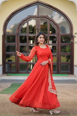 Enchanting Orange Russian Silk Gown-Dupatta Set with Exquisite Sequined Embroidery and Lace Border ClothsVilla