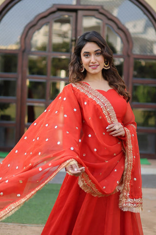Enchanting Orange Russian Silk Gown-Dupatta Set with Exquisite Sequined Embroidery and Lace Border ClothsVilla
