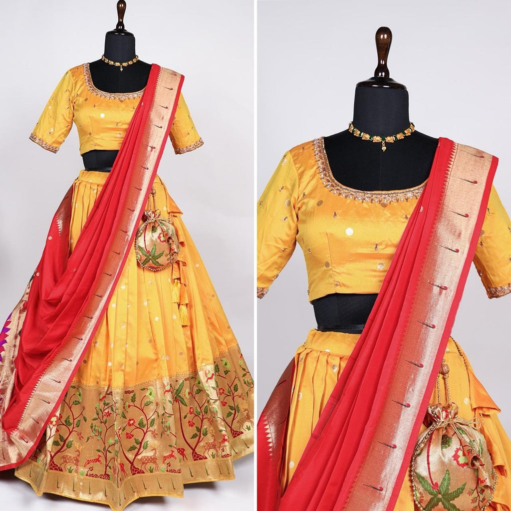 Enchanting Paithani Yellow Lehenga Choli - Zari Weaving & Jacquard Silk ClothsVilla