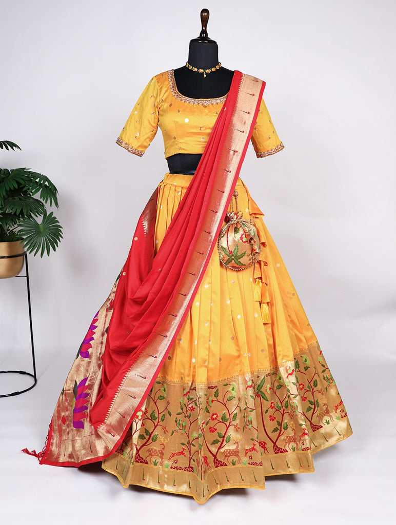 Enchanting Paithani Yellow Lehenga Choli - Zari Weaving & Jacquard Silk ClothsVilla