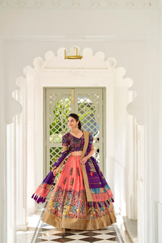 Enchanting Peach Dola Silk Lehenga Choli with Kalamkari Print ClothsVilla
