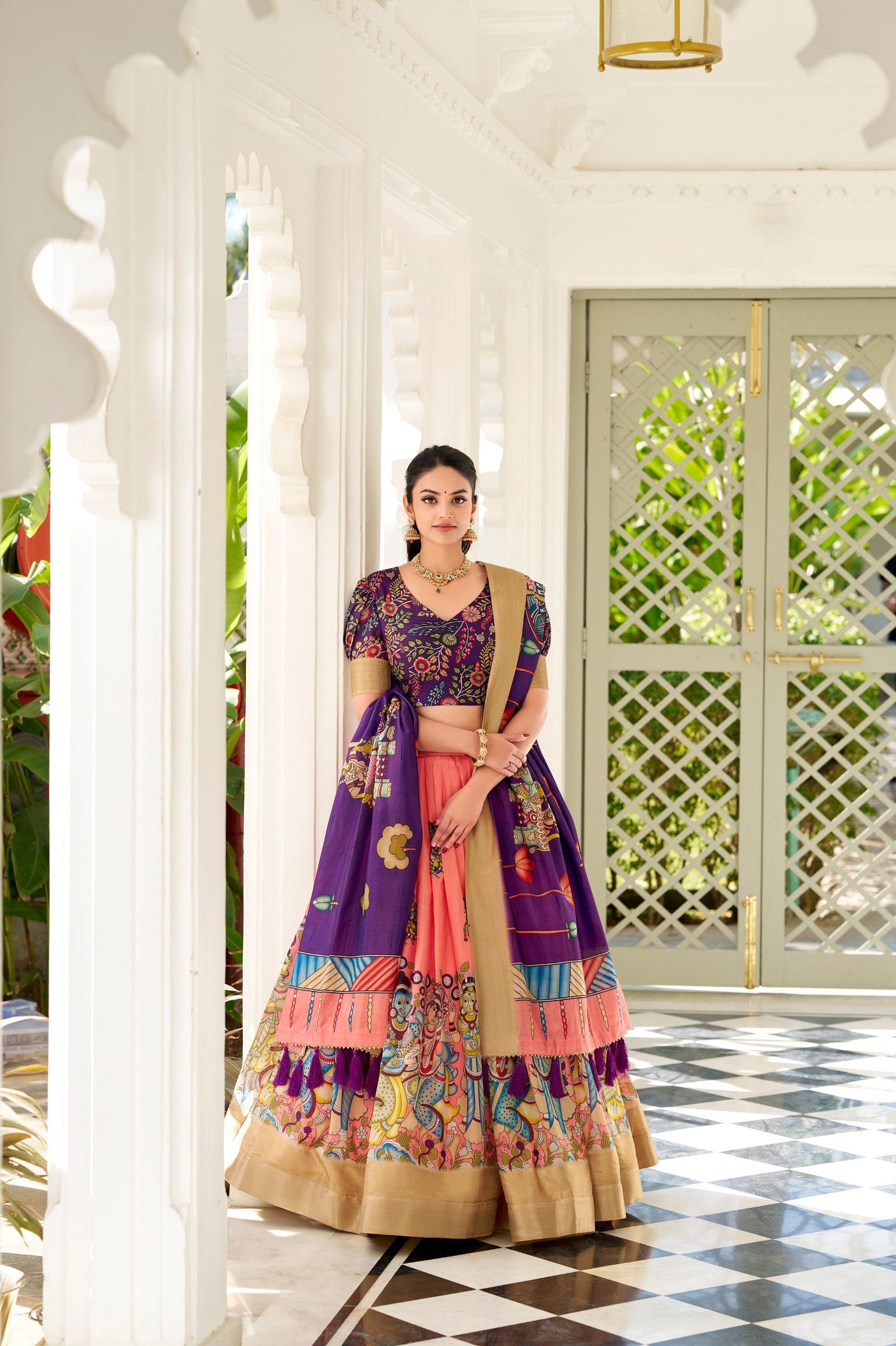 Enchanting Peach Dola Silk Lehenga Choli with Kalamkari Print ClothsVilla
