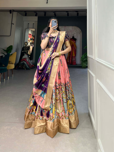 Enchanting Peach Dola Silk Lehenga Choli with Kalamkari Print ClothsVilla