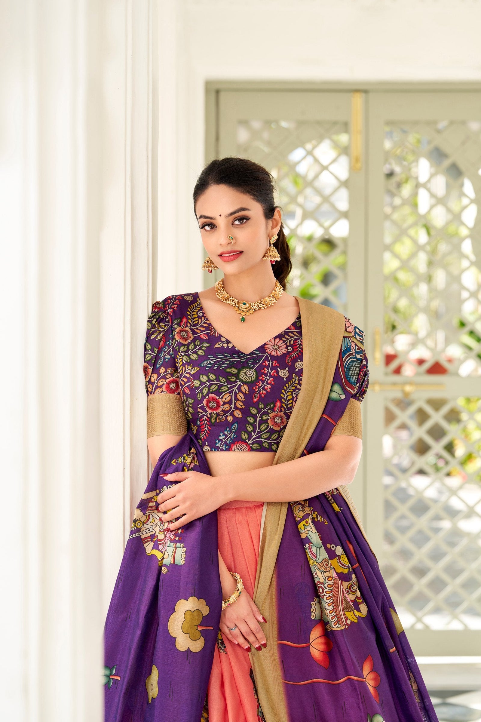 Enchanting Peach Dola Silk Lehenga Choli with Kalamkari Print ClothsVilla