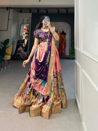 Enchanting Peach Dola Silk Lehenga Choli with Kalamkari Print ClothsVilla