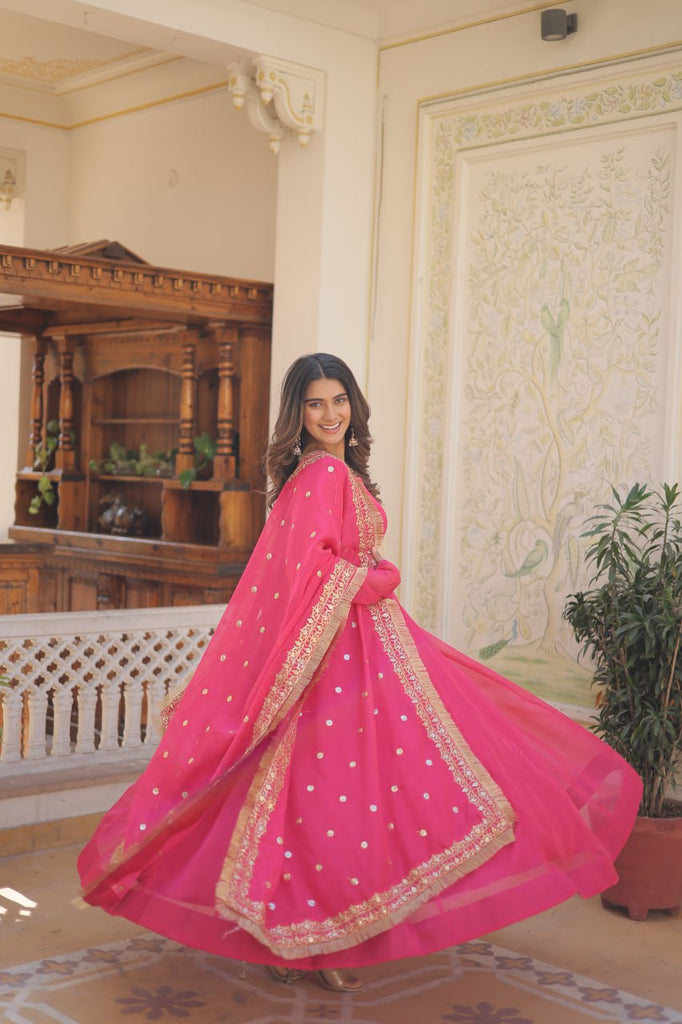 Enchanting Pink Russian Silk Gown-Dupatta Set with Exquisite Sequined Embroidery and Lace Border ClothsVilla