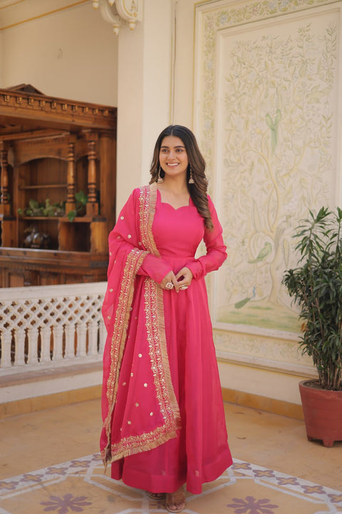 Enchanting Pink Russian Silk Gown-Dupatta Set with Exquisite Sequined Embroidery and Lace Border ClothsVilla Main image