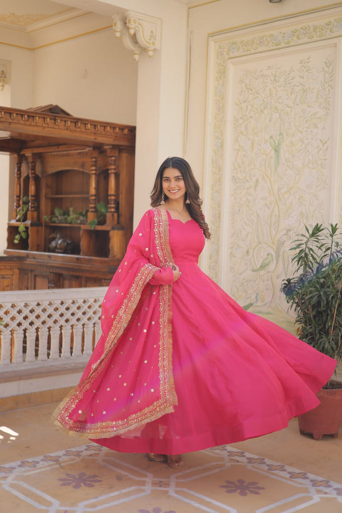 Enchanting Pink Russian Silk Gown-Dupatta Set with Exquisite Sequined Embroidery and Lace Border ClothsVilla