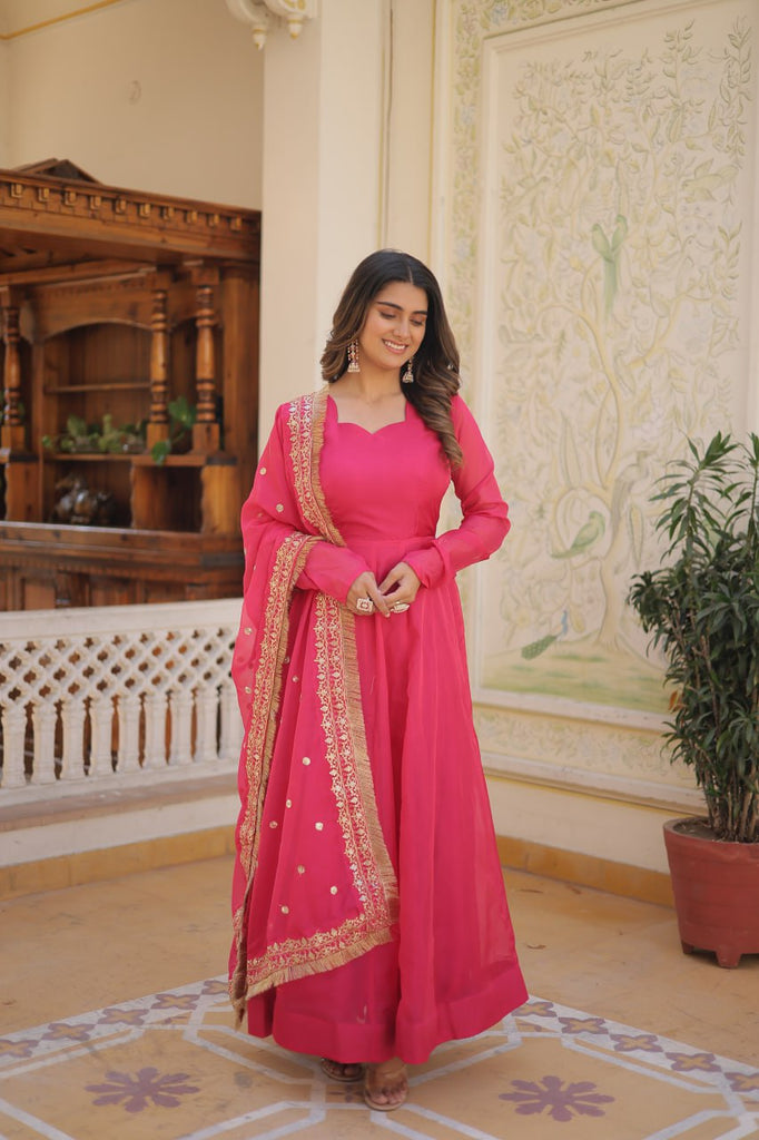 Enchanting Pink Russian Silk Gown-Dupatta Set with Exquisite Sequined Embroidery and Lace Border ClothsVilla