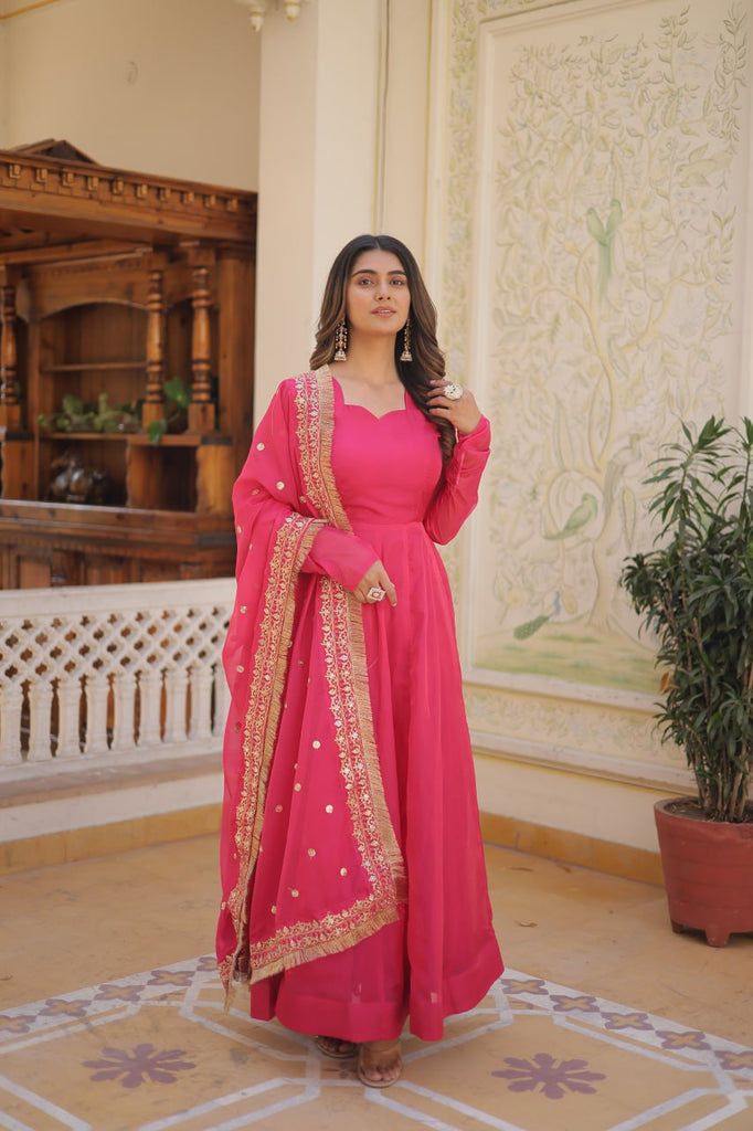 Enchanting Pink Russian Silk Gown-Dupatta Set with Exquisite Sequined Embroidery and Lace Border ClothsVilla
