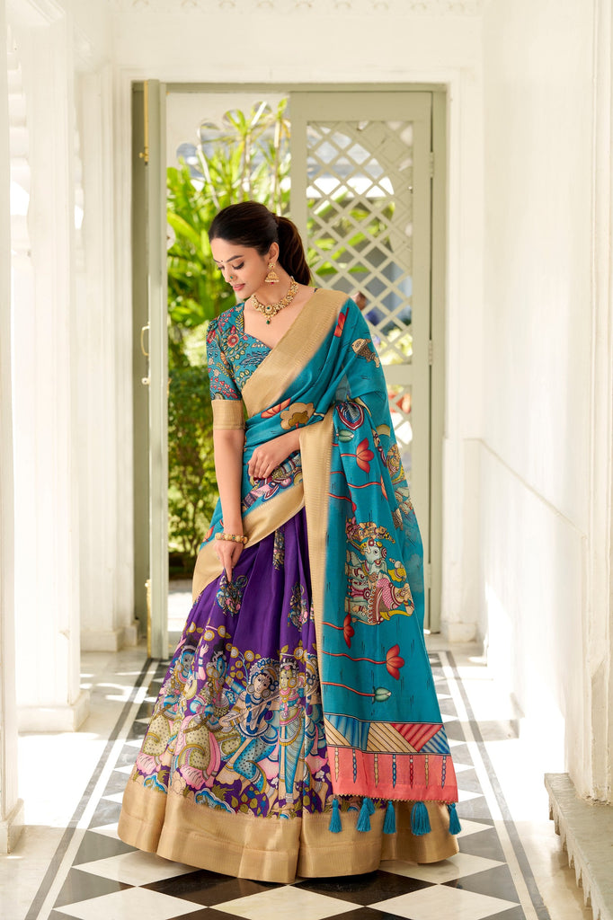 Enchanting Purple Dola Silk Lehenga Choli with Kalamkari Print ClothsVilla