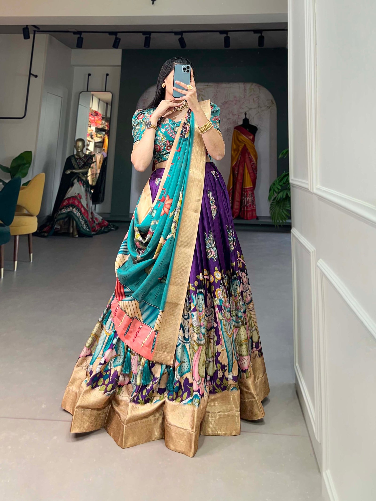 Enchanting Purple Dola Silk Lehenga Choli with Kalamkari Print ClothsVilla