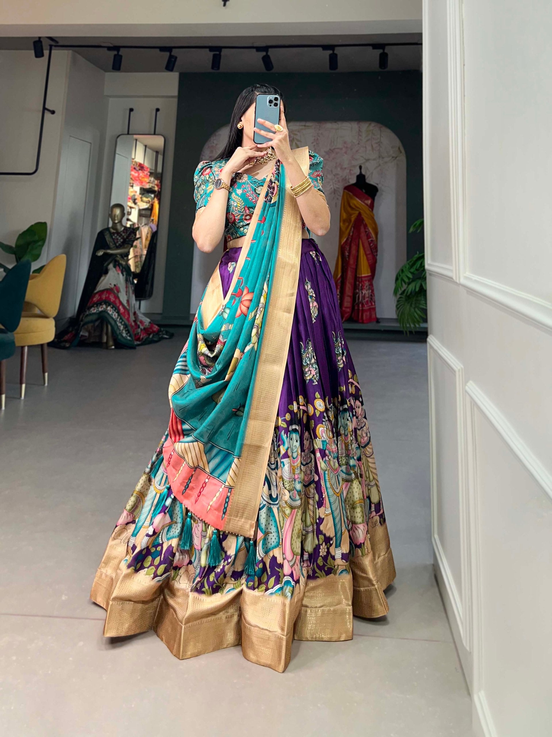 Enchanting Purple Dola Silk Lehenga Choli with Kalamkari Print ClothsVilla