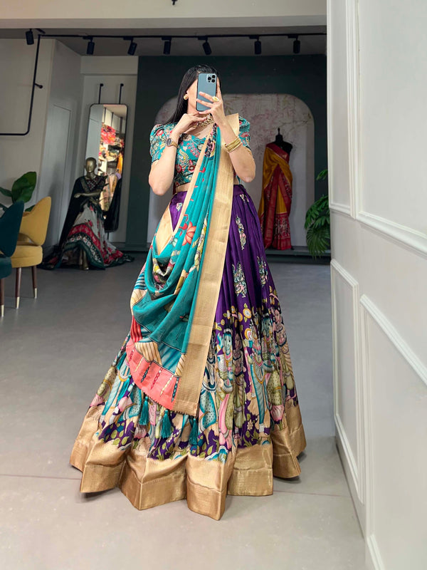 Enchanting Purple Dola Silk Lehenga Choli with Kalamkari Print ClothsVilla