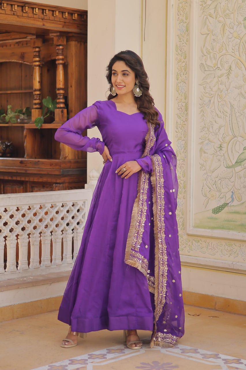 Enchanting Purple Russian Silk Gown-Dupatta Set with Exquisite Sequined Embroidery and Lace Border ClothsVilla