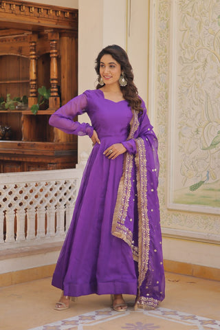 Enchanting Purple Russian Silk Gown-Dupatta Set with Exquisite Sequined Embroidery and Lace Border ClothsVilla