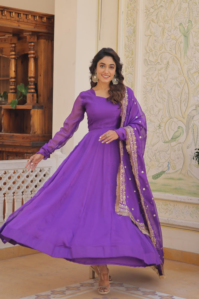Enchanting Purple Russian Silk Gown-Dupatta Set with Exquisite Sequined Embroidery and Lace Border ClothsVilla