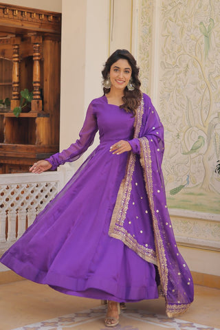 Enchanting Purple Russian Silk Gown-Dupatta Set with Exquisite Sequined Embroidery and Lace Border ClothsVilla