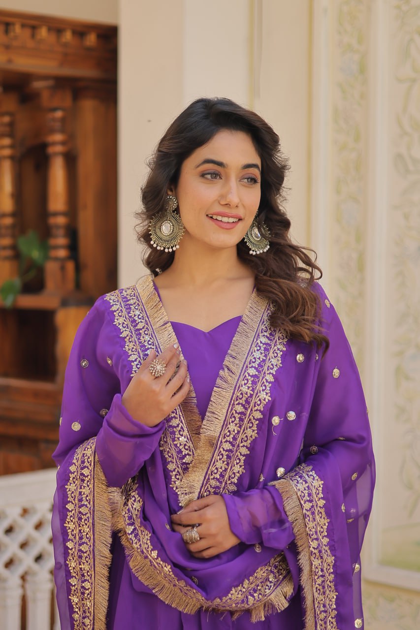 Enchanting Purple Russian Silk Gown-Dupatta Set with Exquisite Sequined Embroidery and Lace Border ClothsVilla