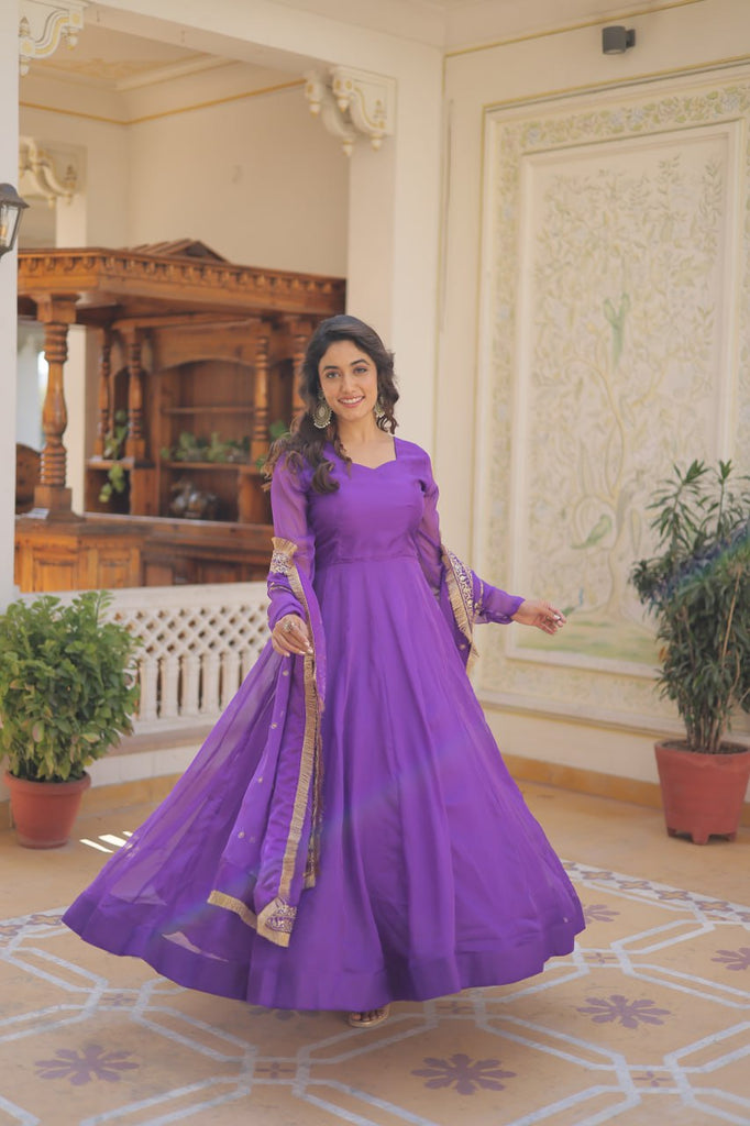 Enchanting Purple Russian Silk Gown-Dupatta Set with Exquisite Sequined Embroidery and Lace Border ClothsVilla