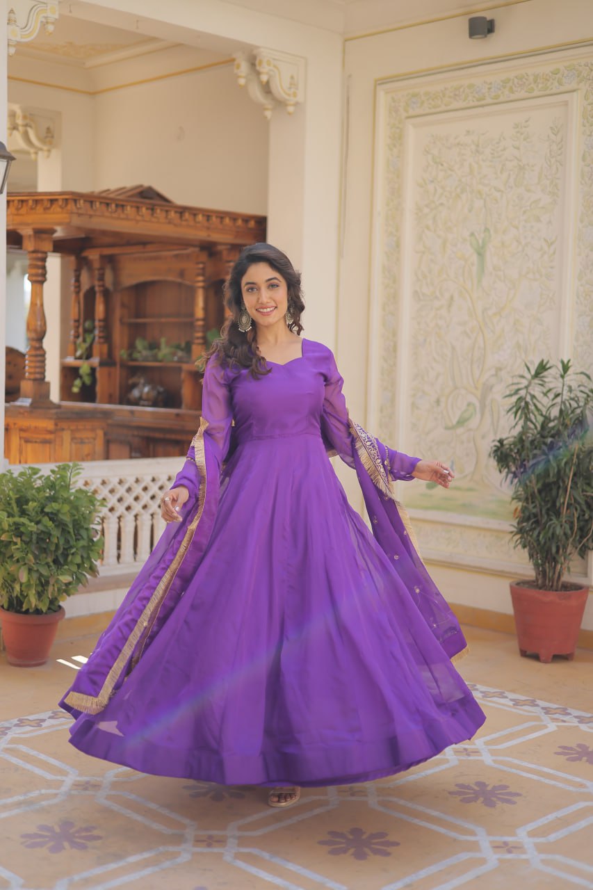 Enchanting Purple Russian Silk Gown-Dupatta Set with Exquisite Sequined Embroidery and Lace Border ClothsVilla