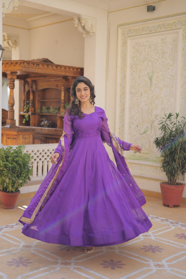 Enchanting Purple Russian Silk Gown-Dupatta Set with Exquisite Sequined Embroidery and Lace Border ClothsVilla