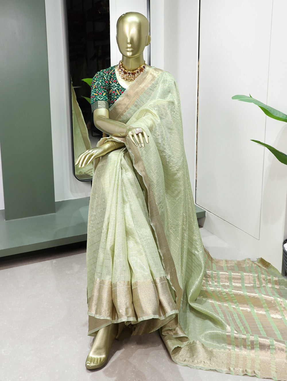 Enchanting Sea Green Khadi Organza Saree with Two Exquisite Blouse Options ClothsVilla Main image