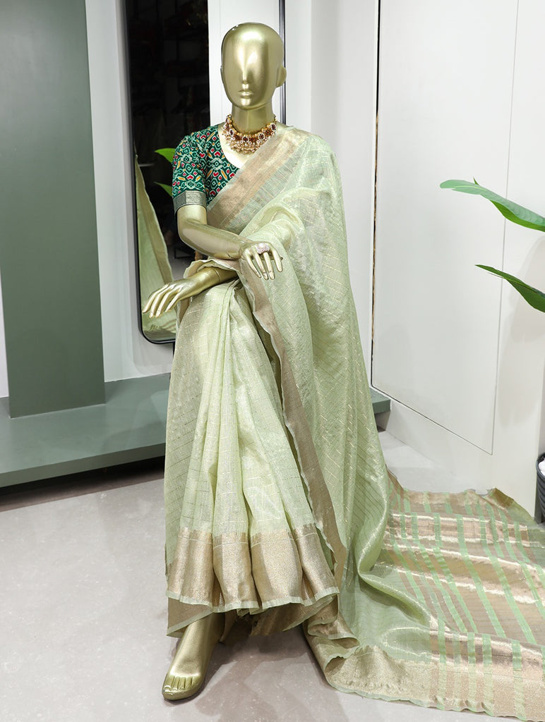 Enchanting Sea Green Khadi Organza Saree with Two Exquisite Blouse Options ClothsVilla