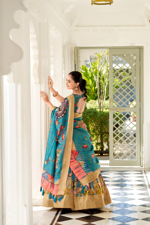 Enchanting Yellow Dola Silk Lehenga Choli with Kalamkari Print ClothsVilla
