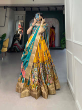 Load image into Gallery viewer, Enchanting Yellow Dola Silk Lehenga Choli with Kalamkari Print ClothsVilla